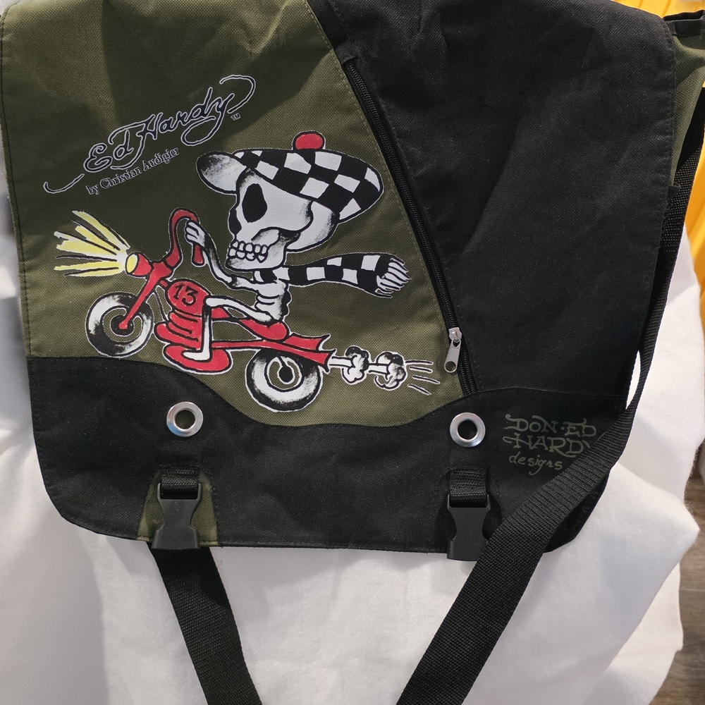 Ed Hardy Black and Olive Skull Messenger Bag